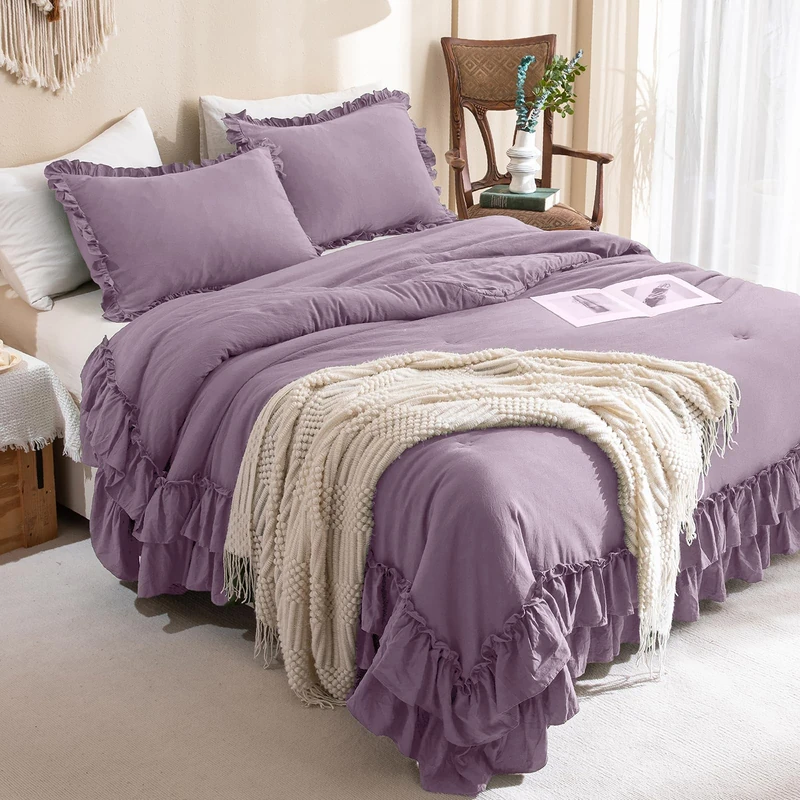 Masaca Farmhouse King Size Comforter Set,Shabby Boho Chic Bedding Grayish Purple Ruffled King Bed Comforter Vintage Rustic Bedding Sets 3 Pieces (1 Ruffle Comforter and 2 Pillowcases)