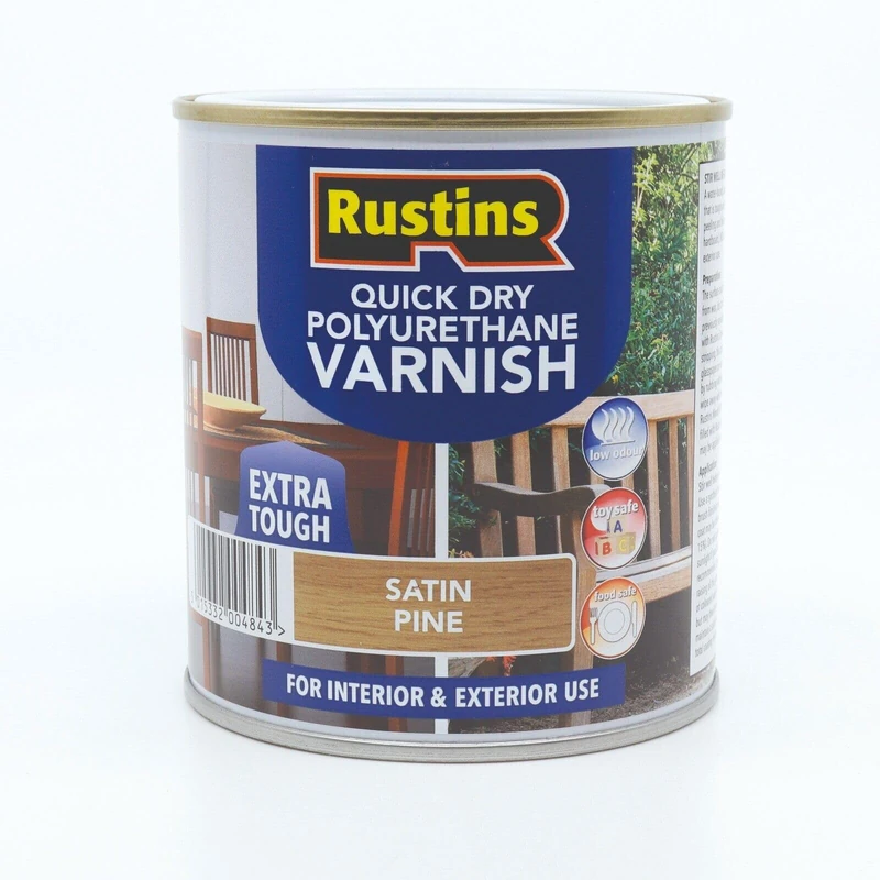 RustinsQuick Dry Poly Varnish Satin Pine 2,5ltr -Tough, Water-Based Clear Finish in Gloss, Matt or Satin; Durable Protection for Interior Wood, Furniture and Floors