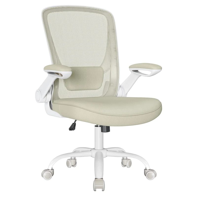 SONGMICS Office Mesh Chair, Ergonomic Swivel Chair, Lumbar and Head Support, Wide Seat, Foldable Armrests, Tilt Function, for Office Bedroom, Oatmeal Beige OBN037K03