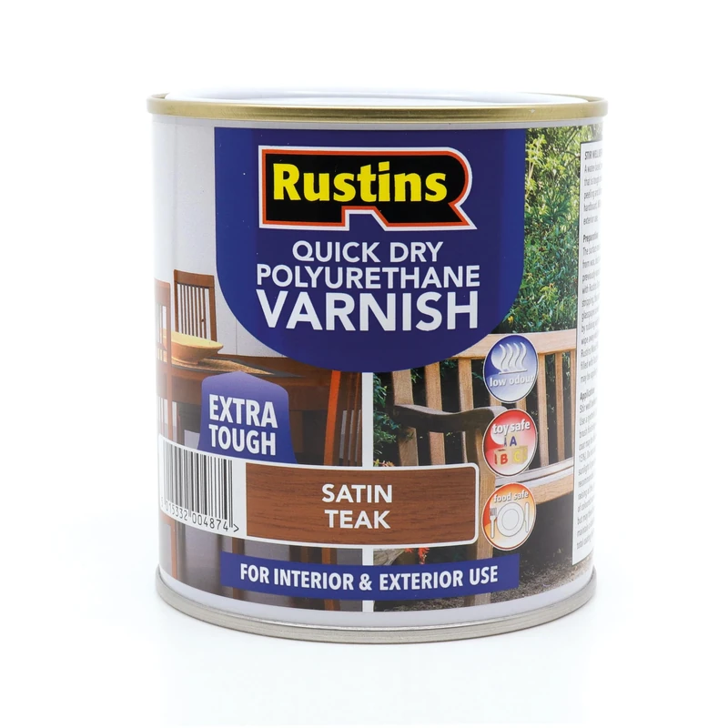 RustinsQuick Dry Poly Varnish Satin Teak 2,5ltr -Tough, Water-Based Clear Finish in Gloss, Matt or Satin; Durable Protection for Interior Wood, Furniture and Floors