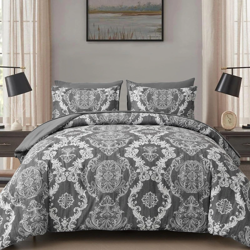 WONGS BEDDING Dark Grey Comforter Set King Size, Damask Texture 7 Pieces Bed in a Bag Microfiber Comforter Bedding Sets -1 Comforter, 1 Flat Sheet, 1 Fitted Sheet, 2 Pillow Shams, 2 Pillowcases