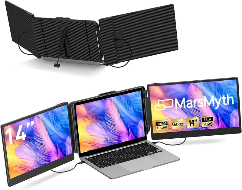 MarsMyth S2 Triple 14" Laptop Monitor, Dual HD 1080p, Plug & Play, Compatible with Windows, Mac, Surface, Android