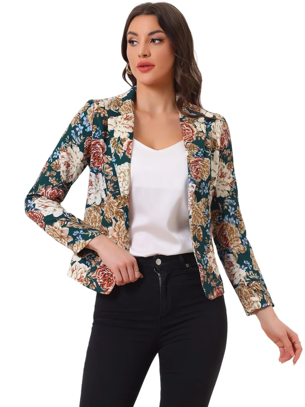 Allegra K Women's Work Casual Fitted Blazer Notch Lapel Printed Open Front Suit Jacket, Dark Green-Floral, M