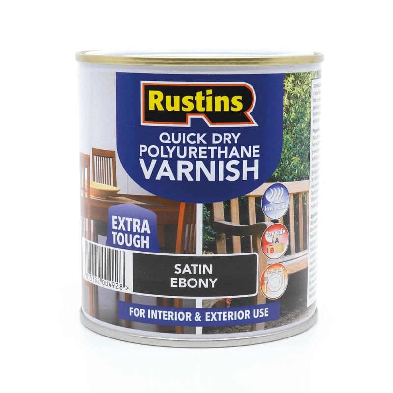 RustinsQuick Dry Poly Varnish Satin Ebony 2,5ltr -Tough, Water-Based Clear Finish in Gloss, Matt or Satin; Durable Protection for Interior Wood, Furniture and Floors