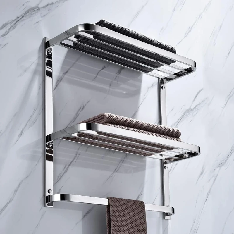 2-Tier Towel Rack Floating Shelf with Towel Bar, 24-Inch W x 8.75-Inch D Bathroom Hotel Towel Shelf, Wall Mount, Mounting Hardware Included,Polished Chrome