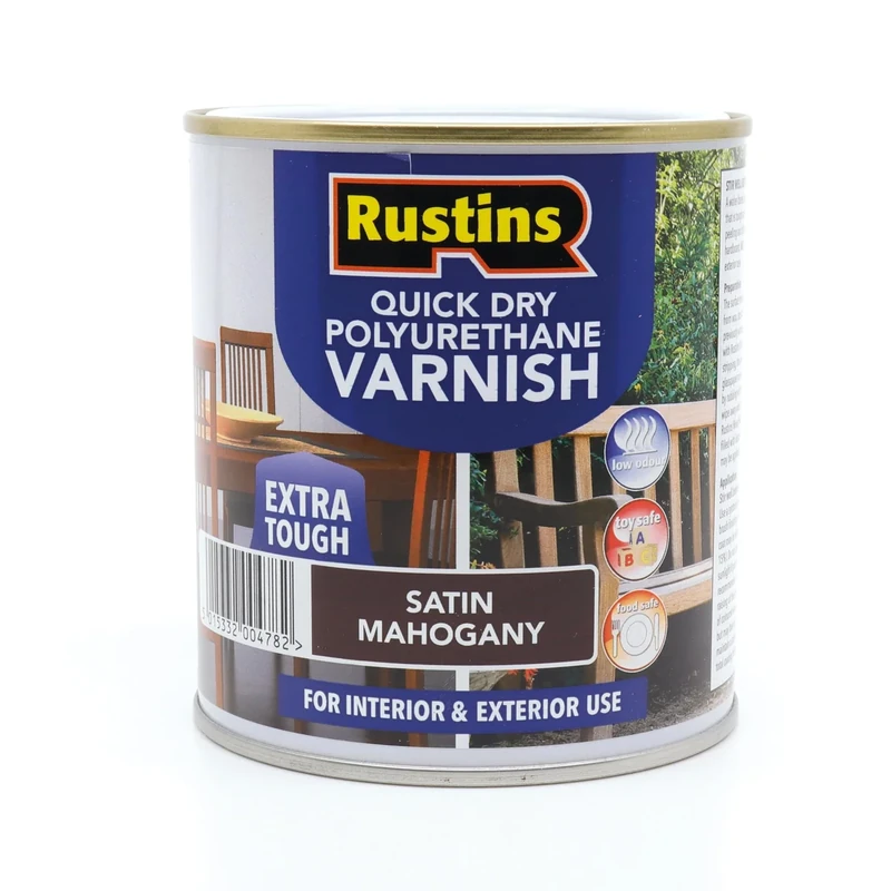 RustinsQuick Dry Poly Varnish Satin Mahogany 2,5ltr -Tough, Water-Based Clear Finish in Gloss, Matt or Satin; Durable Protection for Interior Wood, Furniture and Floors