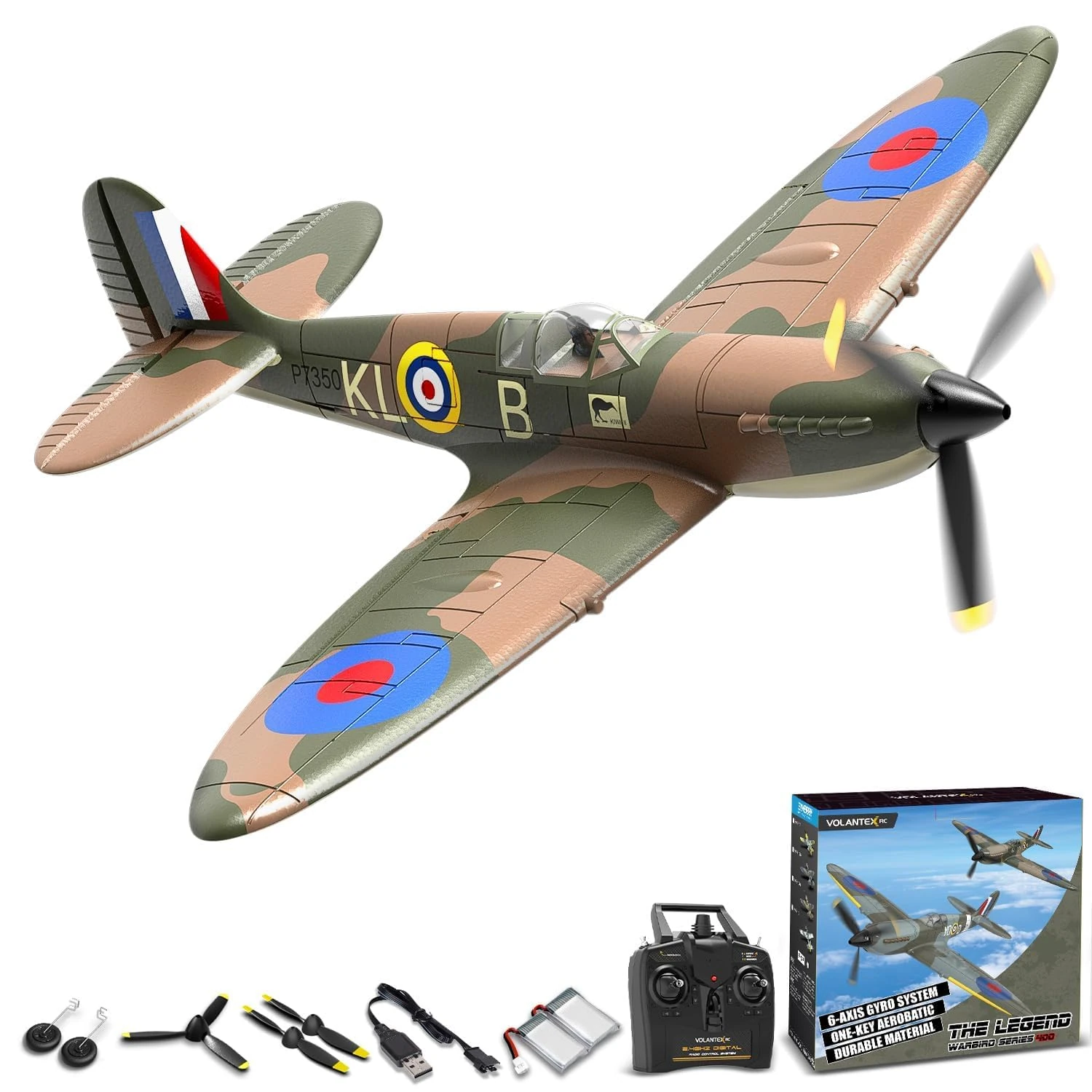 VOLANTEXRC RC Plane WWII Spitfire Remote Controlled Plane with Upgraded Canopy,Xpilot Stabilization System & One Key Aerobatic Radio Control Airplane for Beginner & Adult (Spitfire Green)