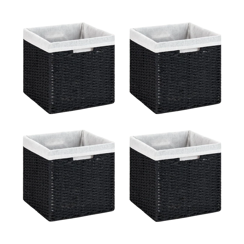 DULLEMELO Wicker Storage Baskets for Shelves, Woven Cube Storage Bins Set of 4, 11x11x11 inch Foldable Wicker Baskets for Shelves,Closet, Clothes, Toys-Black