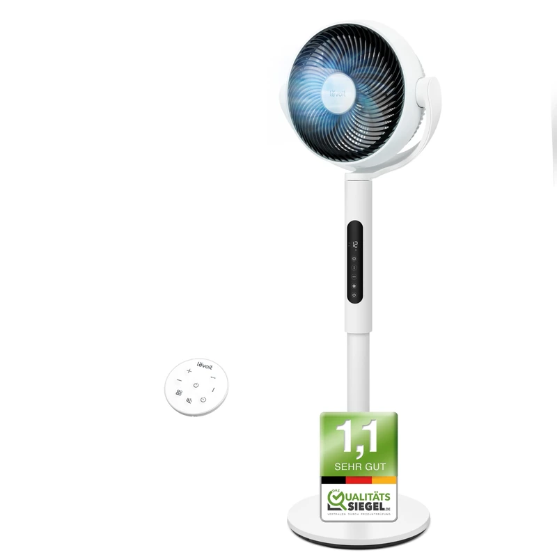 Levoit Silent Fan on Stand 20dB, Powerful 2465m³/h, Air Flow 7.5 m/s, with Remote Control, Oscillating 90°+120°, 4 Modes 12 Speed, Timer 12 Hours, Adjustable Height Air Flow