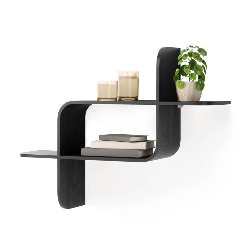 Umbra Montage Floating Wall Shelf Display Case, Made of Natural Bent Wood, Black