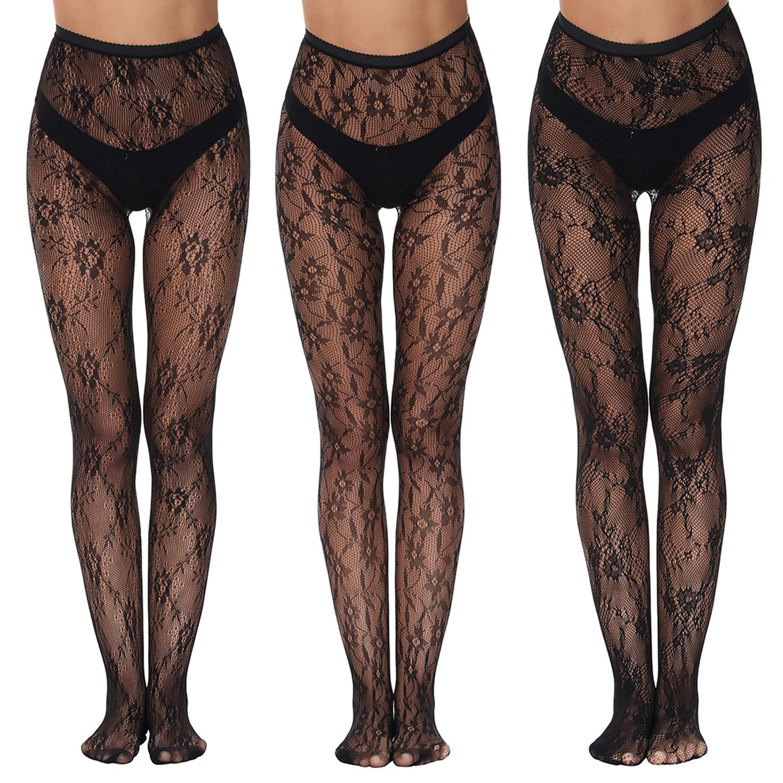 Bisienya 3 Pairs Women's Patterned Fishnet Tights Floral Patterned Fishnet TightsLace Pantyhose High Waist Fishnet Stockings Fashion Black Patterned Tights Leggings for Women
