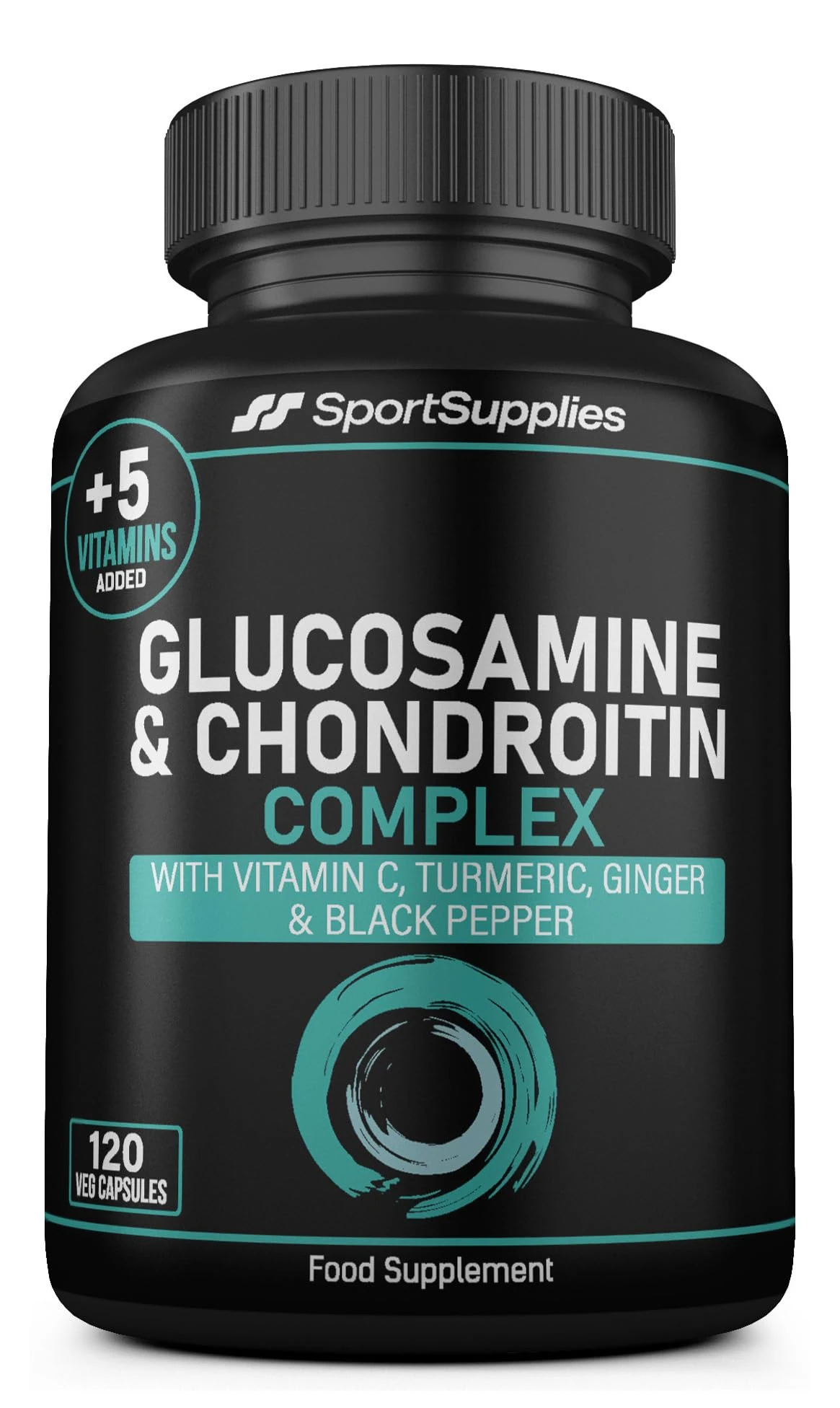 Glucosamine and Chondroitin High Strength Plus 5 Vitamins - 120 Complex Capsules 1,000mg (Providing 530mg Base) - Chondroitin 200mg - Added Turmeric, Ginger, Black Pepper, Vitamin C, B6, B1, D3 & B12