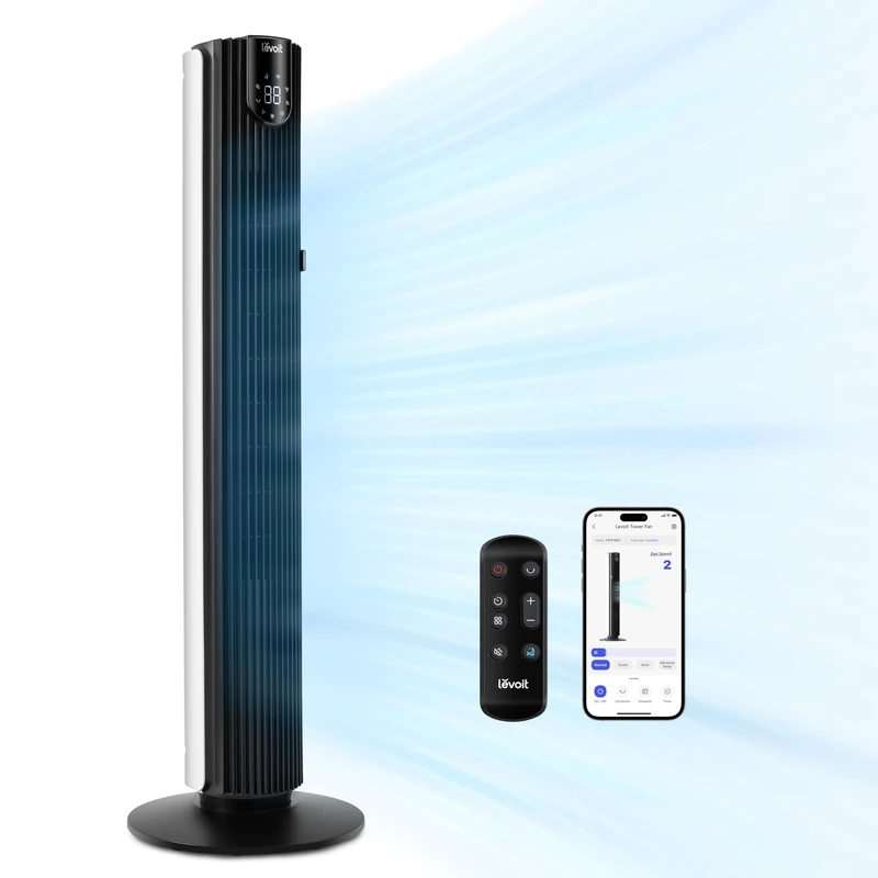 Levoit 25 dB sehr leiser Smart Turmventilator für Schlafzimmer, 7,9 m/s Ventilator, 90° Oszillation und 60° Einstellung Tower Fan mit Fernbedienung, 12 Geschwindigkeiten, App- & Sprachsteuerung
