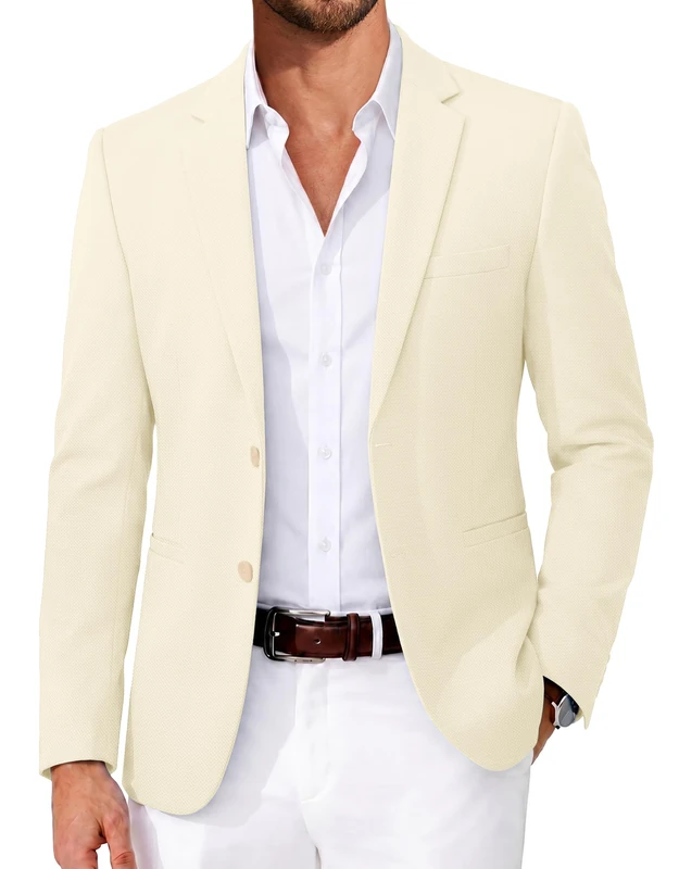 Coofandy Men's Casual Blazer Slim Fit Suit Jackets Two Button Lightweight Knit Sport Coat, Beige, M