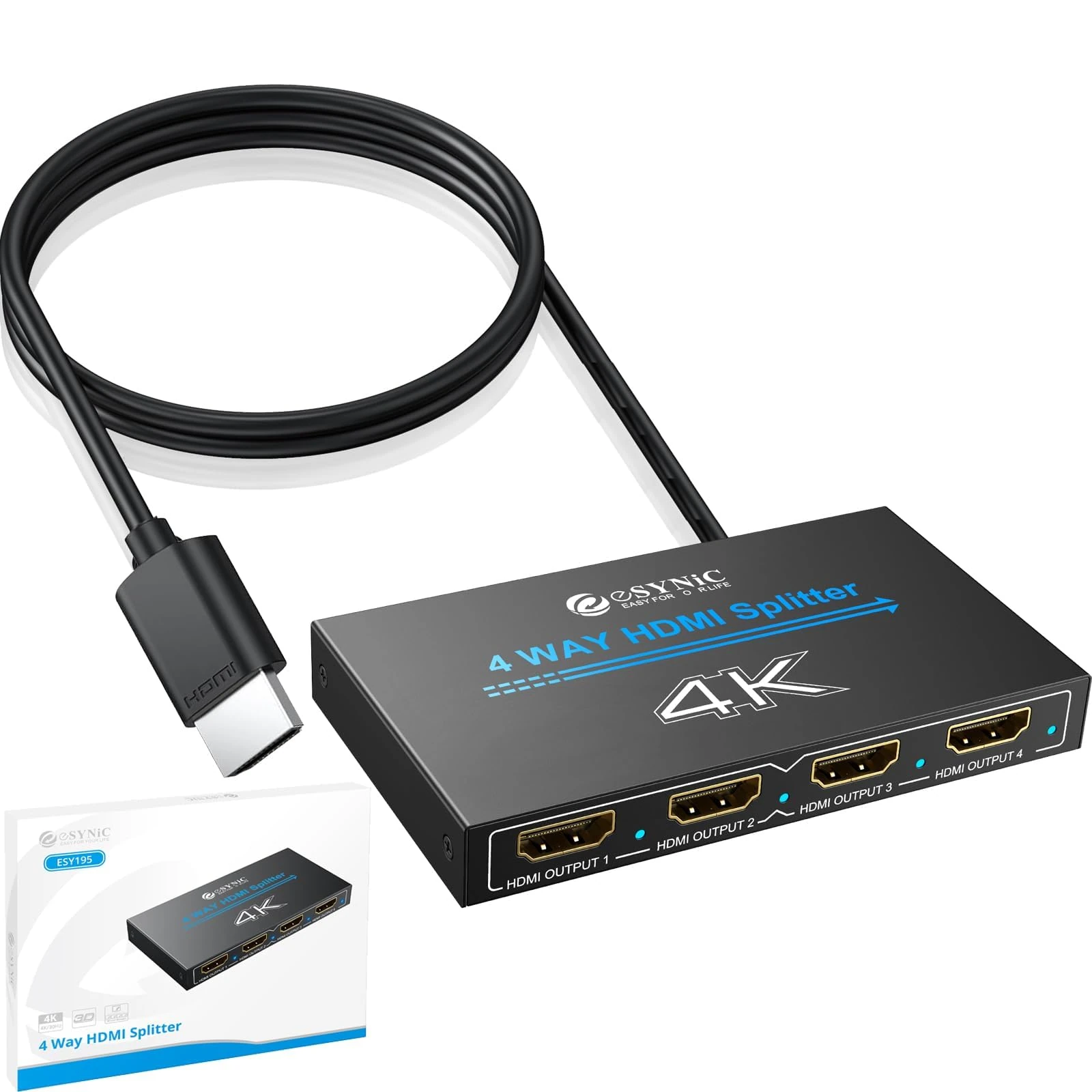 eSynic 4K@30HZ HDMI Splitter 1In 4Out Metal Shell Signal Transmission Stability 4 Way HDMI Splitter HDCP 1.4 Hdcp Bypass Splitter Supports Dolby& Other Audio Formats for Lap-top HDTV PS4 Blu-ray etc