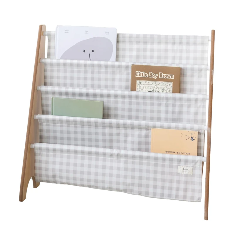 3 Sprouts Kids Bookshelf, 4-Tier Rack, Holds 35 Books, Gingham Beige
