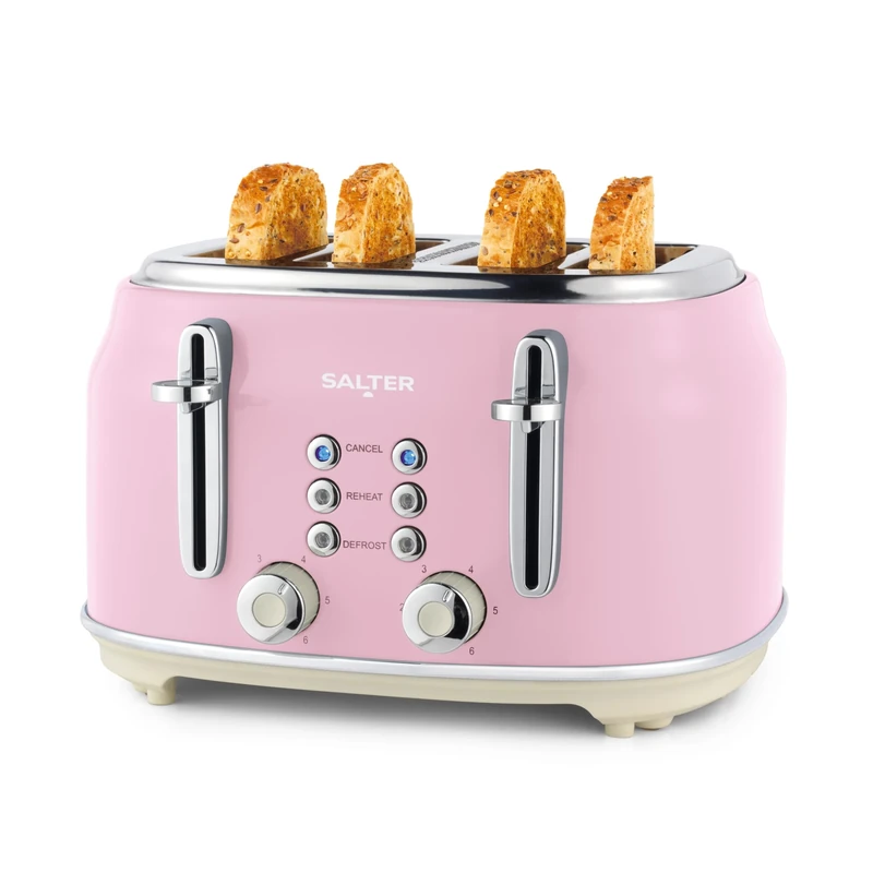 Salter Retro Pink 4-Slice Toaster – Wide Slots, 6 Browning Levels, Defrost, Reheat, Cancel Functions, Removable Crumb Tray, Extra Thick Bread, High-Lift Eject, Self-Centring, Vintage Design, 1630W