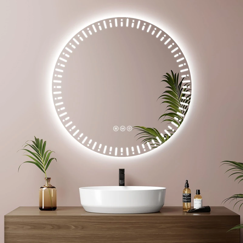 EMKE 60cm Diameter Round LED Backlit Bathroom Mirror with Anti-Fog +Touch Switch+3 Color Changing Light Modelling Round Decorative Mirror
