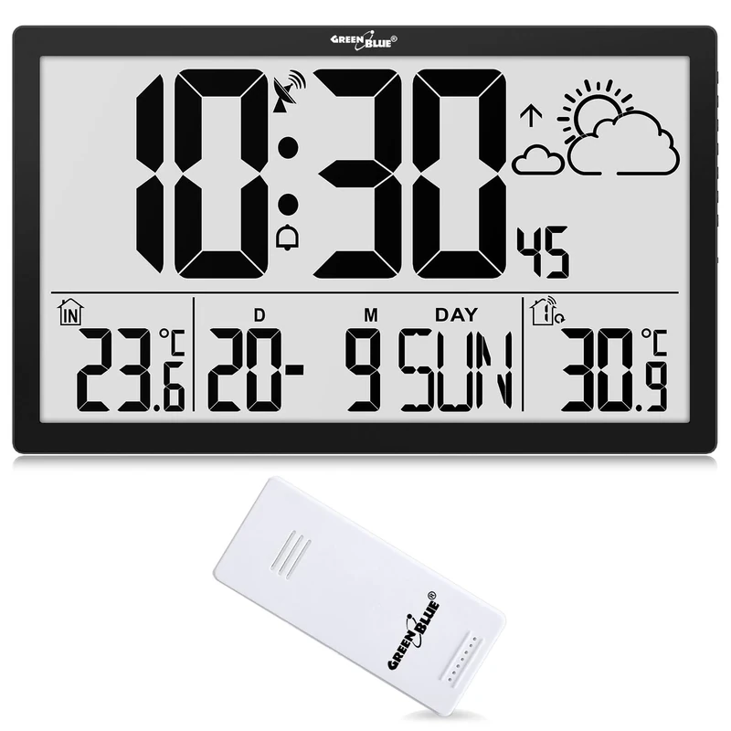 Green Blue GB218 Extra Large LCD Wall Clock with Weather Station Temperature and Date Display - Image 1