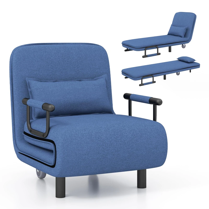 RELAX4LIFE 3-in-1 Sofa Bed, Folding Recliner Sleeper with 5-Position Adjustable Backrest, Pillow & Wheels, Convertible Single Lounge Couch for Living Room Bedroom Office (Blue)