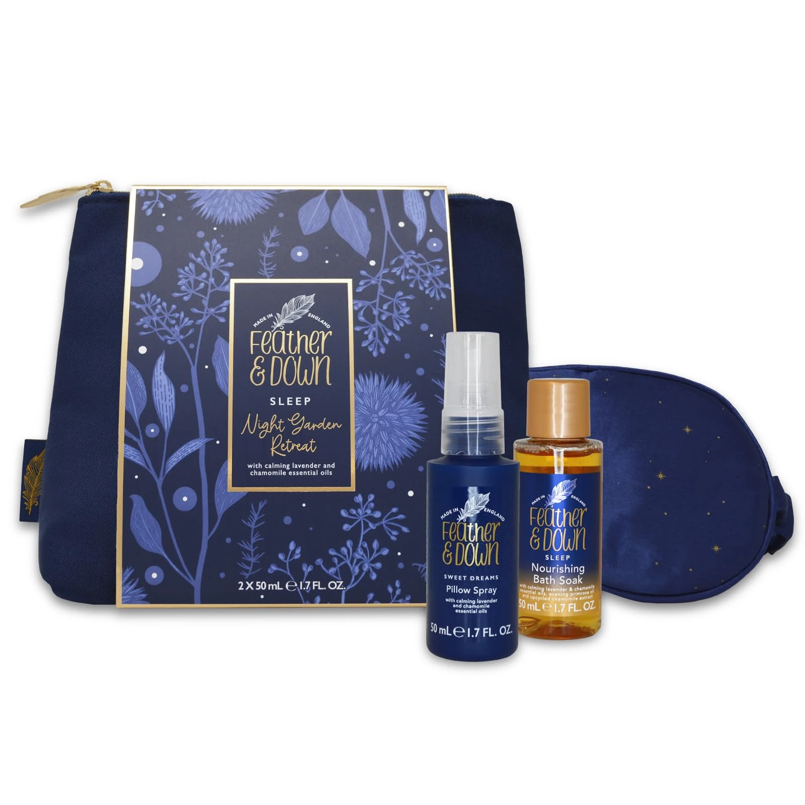 Feather and Down Night Garden Retreat Mothers Day Gift Set - Lavender and Chamomile Bubble Bath and Pillow Spray Bath Set with Eye Mask and Luxury Travel Pouch - Relaxing Gifts for Women.