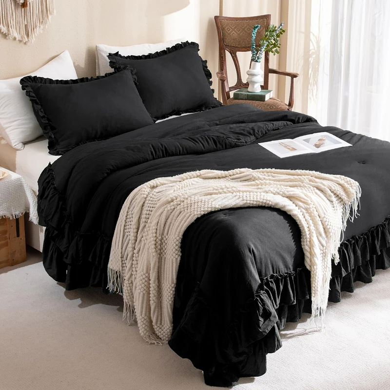 Masaca Black Ruffled Comforter King,Shabby Boho Chic Farmhouse King Bedding Comforter 3 Pieces Vintage Ultra Soft Rustic Bedding for All Season