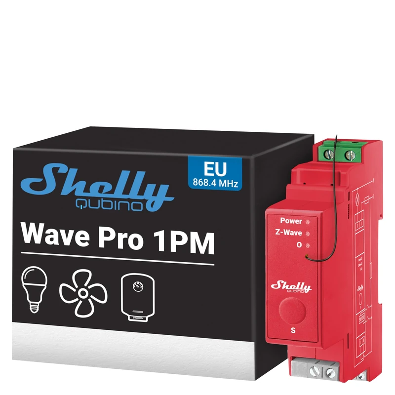 Shelly Wave Pro 1PM - 1-Channel Z-Wave Smart Switch Module with Power Metering, High reliability, DIN rail mountable, Extended Network Repeater, SmartStart Set-up