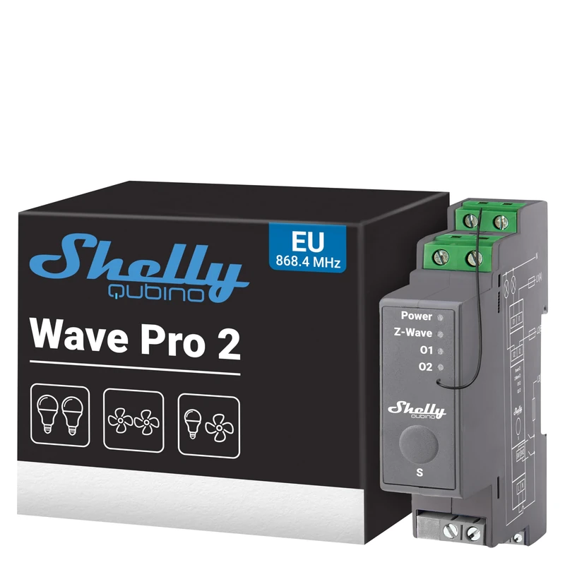 Shelly Wave Pro 2 - Professional 2-Channel Z-Wave Smarth Switch with Dry contacts (25 A), DIN-rail mountable, 2-phase control, Extended Network Repeater, High reliability, Home Automation
