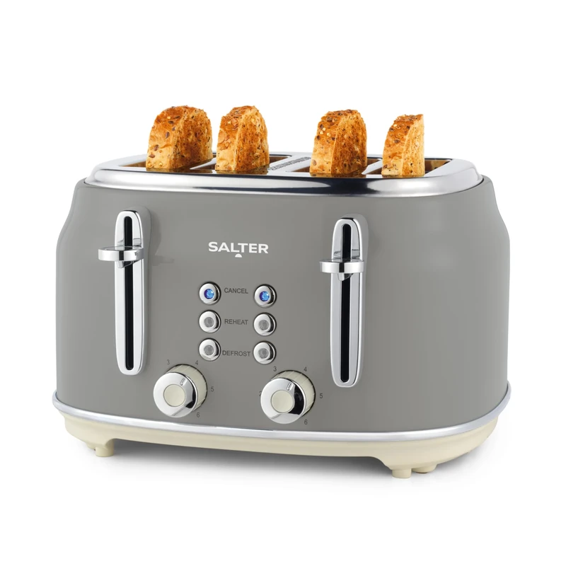 Salter EK5739GRY Retro 4-Slice Toaster – 6 Browning Levels, Wide Slots, Defrost, Reheat, Cancel Function, Removable Crumb Tray, Extra Thick Bread/Bagels, High-Lift Eject, Self-Centring, 1630W, Grey