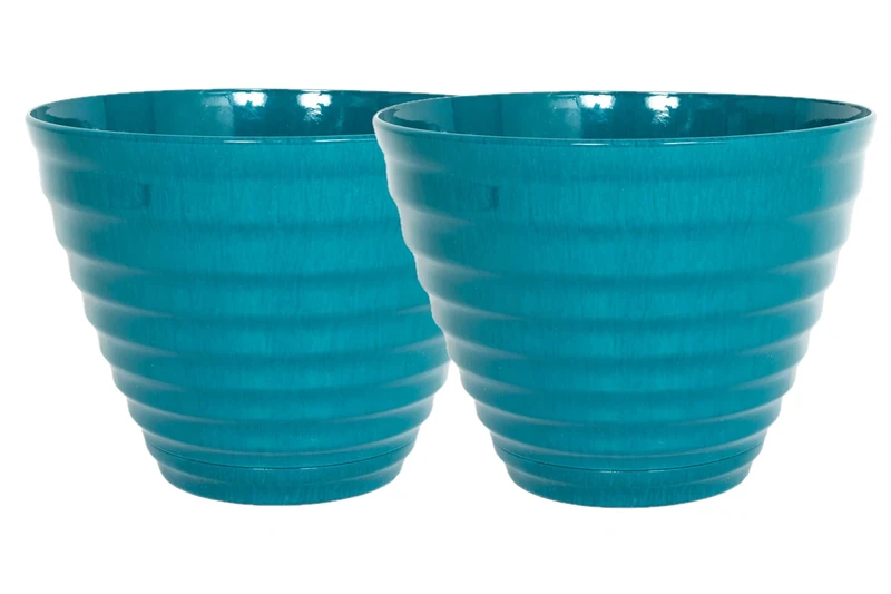 Lightweight Recycled Plastic Garden Pot Planter with Drainage Holes | UV Resistant & Frostproof | 2 x Vale Teal Planter with In Built Saucer 40cm - Image 1