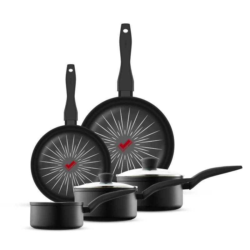 Tower T800304 SmartStart Forged 5 Piece Cookware Set with Easy Clean Aeroglide Non-Stick Coating, 8X Stronger, Oven Safe, Long Lasting, PFOA Free, Black