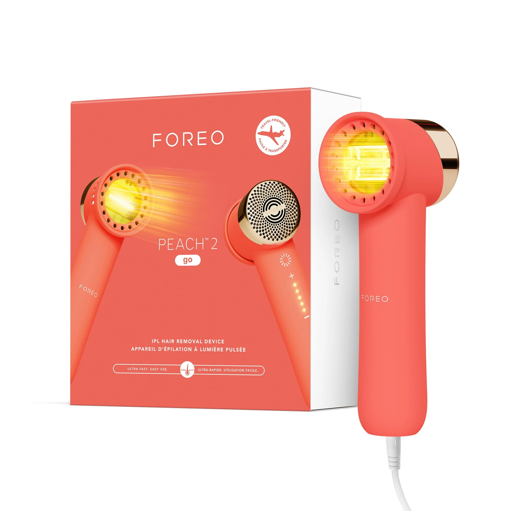 FOREO Peach 2 Go IPL Permanent Hair Removal Device - Permanent Hair Removal on Travel - Laser Hair Removal - Body and Face - Fast - Painless - Cooling and Silicone Case - Coral