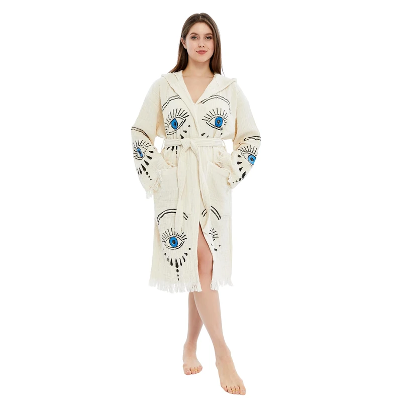 SECEL - Evil Eye Kimono Boho Beachwear Evil Eye Robe Aesthetic Handmade Bathrobe% 100 Cotton Robe for Women, Aojo, Único - Image 1