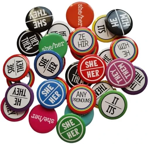 Pride and Pronouns Bulk Pack of My Pronouns Are Badges, Mixed Designs Customisable Gender Pronouns Pin Badges, Pronouns LGBTQ+ Pin Brooch For Pride, 1 inch (25mm) Diameter Badge (Pack of 75)
