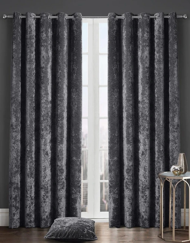 Kampala Hill Crushed Velvet Eyelet Ring Top Light Filtering Curtains Charcoal Black 66x90