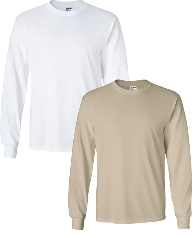 Gildan Adult Ultra Cotton Long Sleeve T-Shirt, Style G2400, Multipack, White/Sand, XL