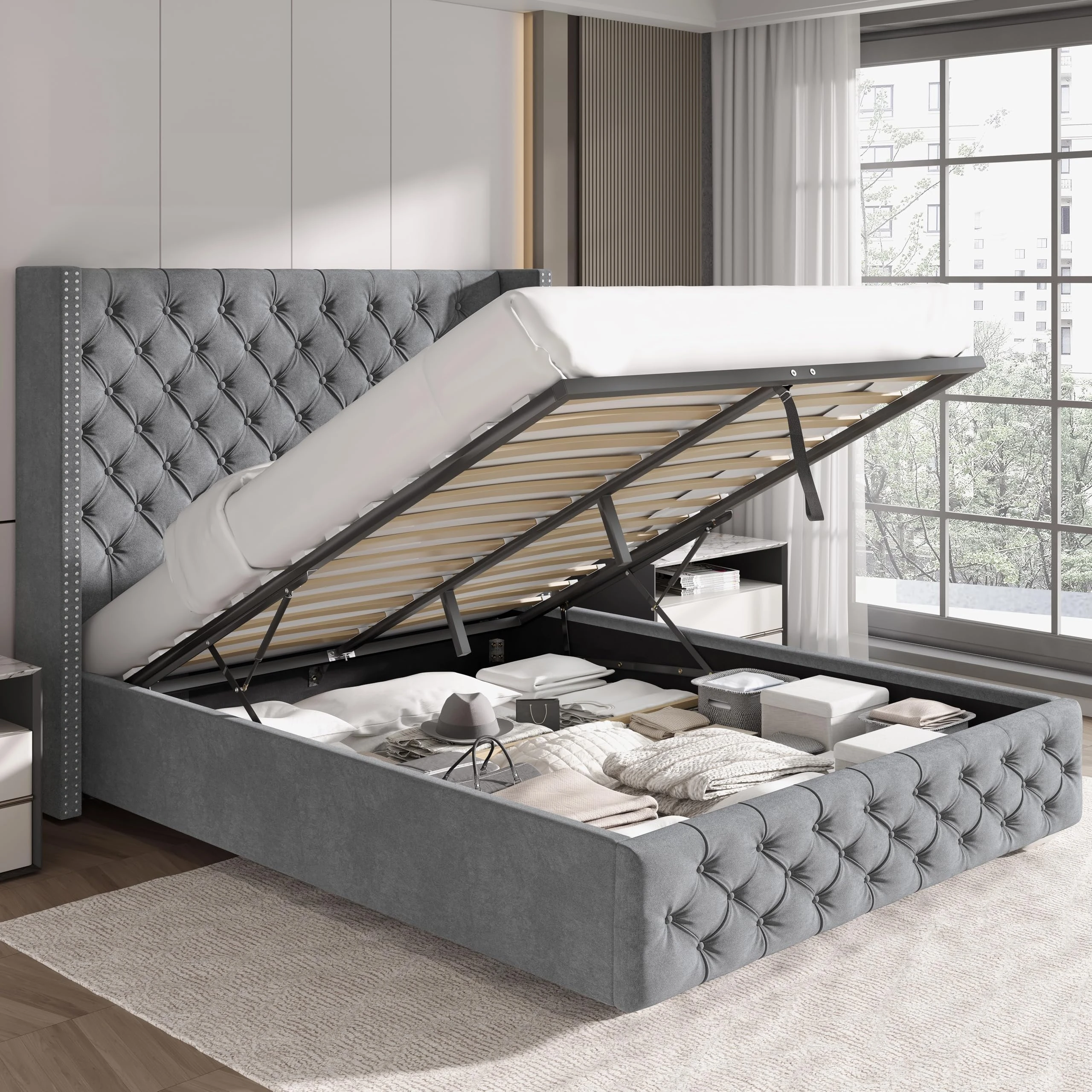 Blisswood Ottoman Bed Frame, 5ft King Bed Frames, Upholstered Ottoman Frame, Wooden Slats Stylish And Space Saving Bed Frame, Velvet Fabric Storage Bed (5ft King Light Grey, No Mattress)