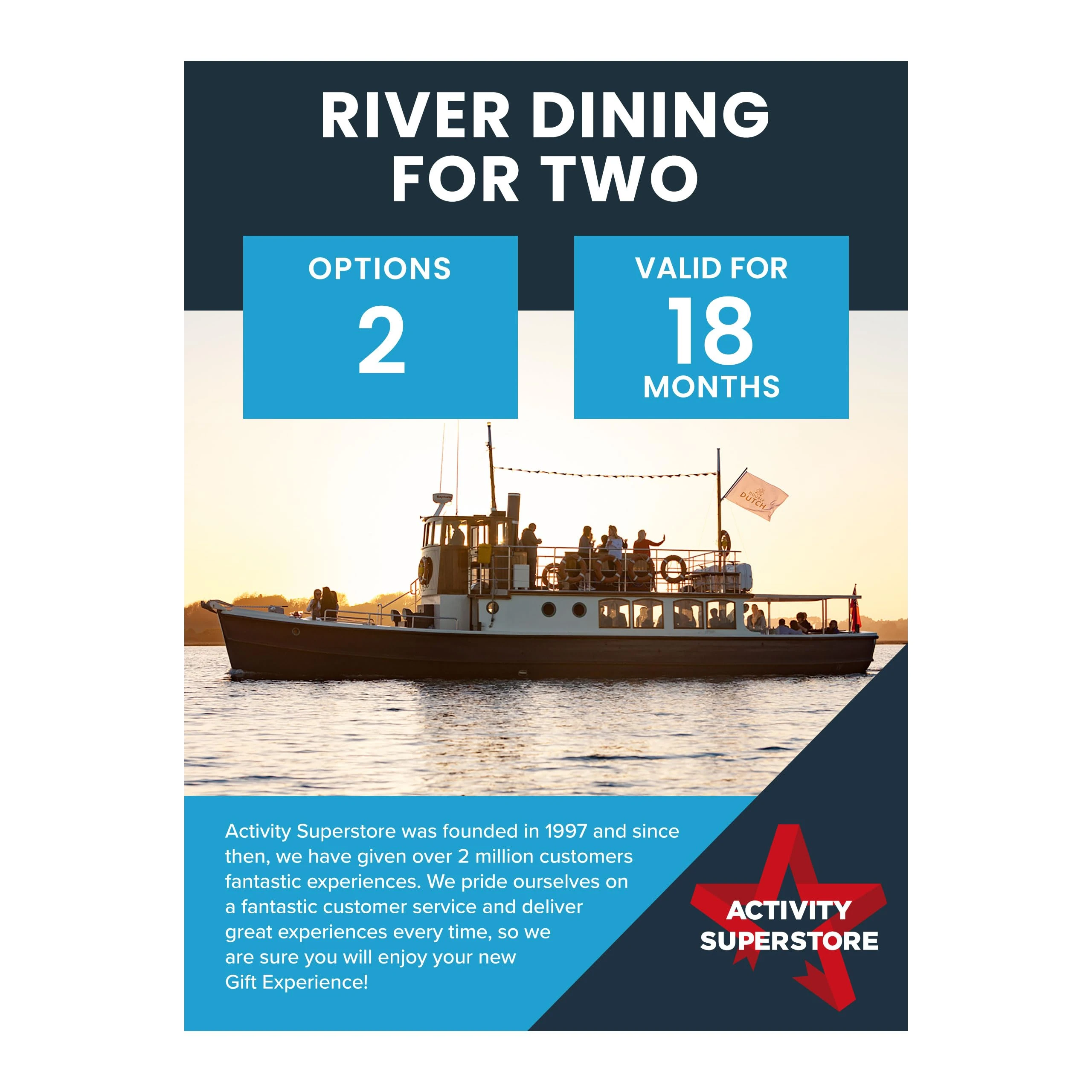 Activity Superstore River Dining for Two, 18-month Validity, Experience Days, Days Out Experience, River Cruise Experience, Birthday Gifts