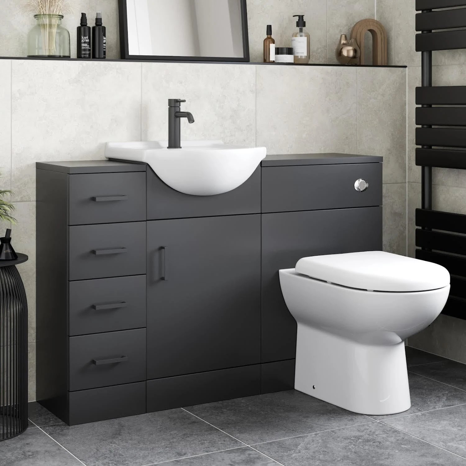 Affine® 1165mm Toilet Vanity Unit Reversible Combination Bathroom Suite Furniture Set, Freestanding Drawer Cabinet, Wash Basin Sink, WC Pan, Seat & Concealed Cistern, Matt Black
