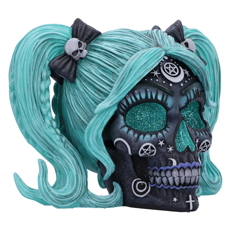 Nemesis Now Drop Dead Gorgeous Cute and Cosmic Figurine 19.5cm, Resin, Witchy Doll Skull Ornament, Female Turqoise and Black Skull with Glitter Eyes, Cast in the Finest Resin, Expertly Hand-Painted