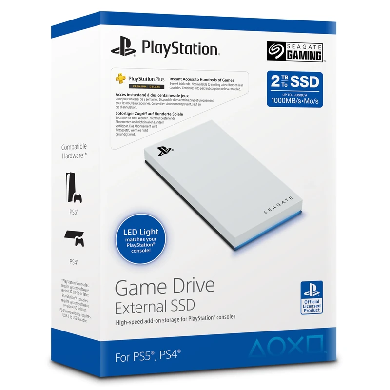 Seagate Game Drive for PS5 External SSD 2TB, Solid State Drive, USB 3.2 Officially Licensed White with Blue LED lighting, Data Rescue Services (STMH2000100)
