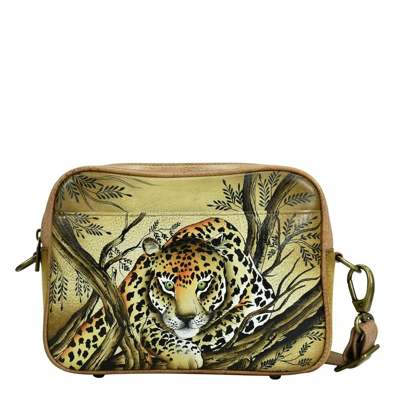 Anna by Anuschka Women's Hand-Painted Leather Twin Zippered Crossbody, African Leopard Tan, One Size