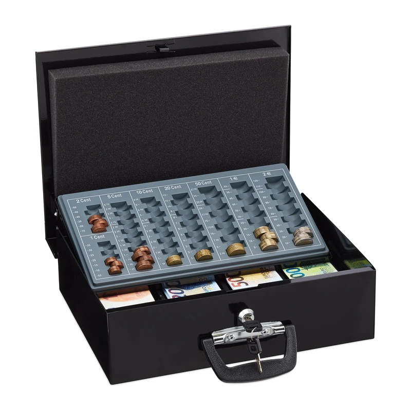 Relaxdays Cash Box Lockable, Coin Counting Board & 4 Note Compartments, incl. 2 Keys, Iron, 11.5 x 36 x 28.5 cm, Black