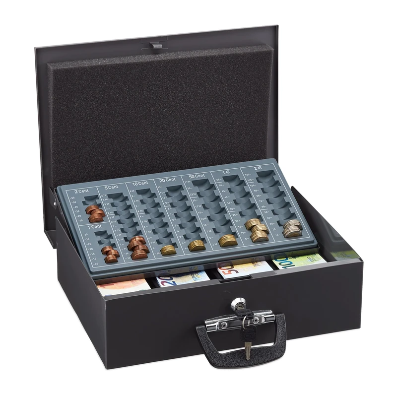 Relaxdays Cash Box Lockable, Coin Counting Board & 4 Note Compartments, incl. 2 Keys, Iron, 11.5 x 36 x 28.5 cm, Grey