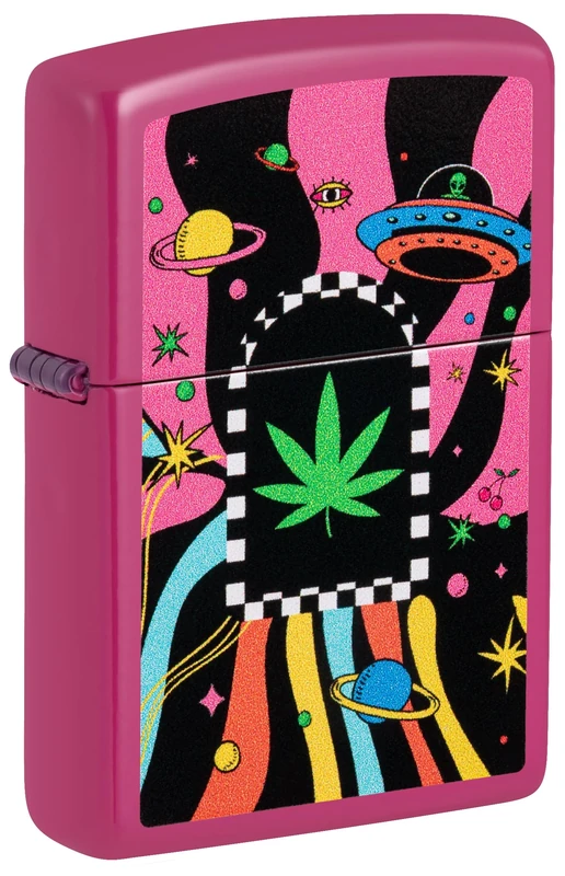 Zippo Windproof Lighter - Cannabis & UFOs - Pink Frequency Finish, Colour Image - Refillable - Reusable - Windproof Design - Gift Box - Made in USA
