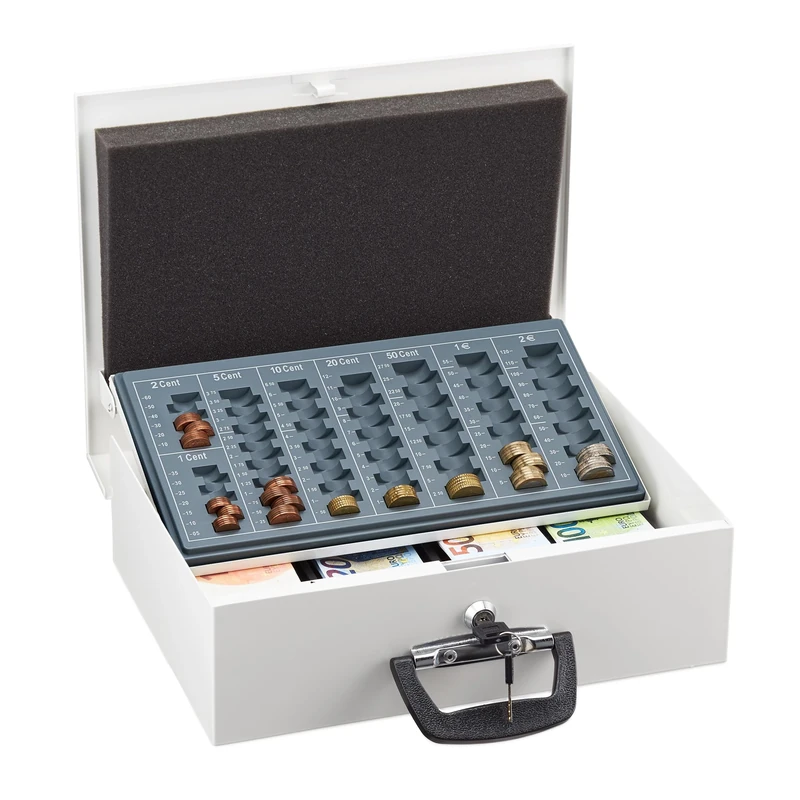 Relaxdays Cash Box Lockable, Coin Counting Board & 4 Note Compartments, incl. 2 Keys, Iron, 11.5 x 36 x 28.5 cm, White
