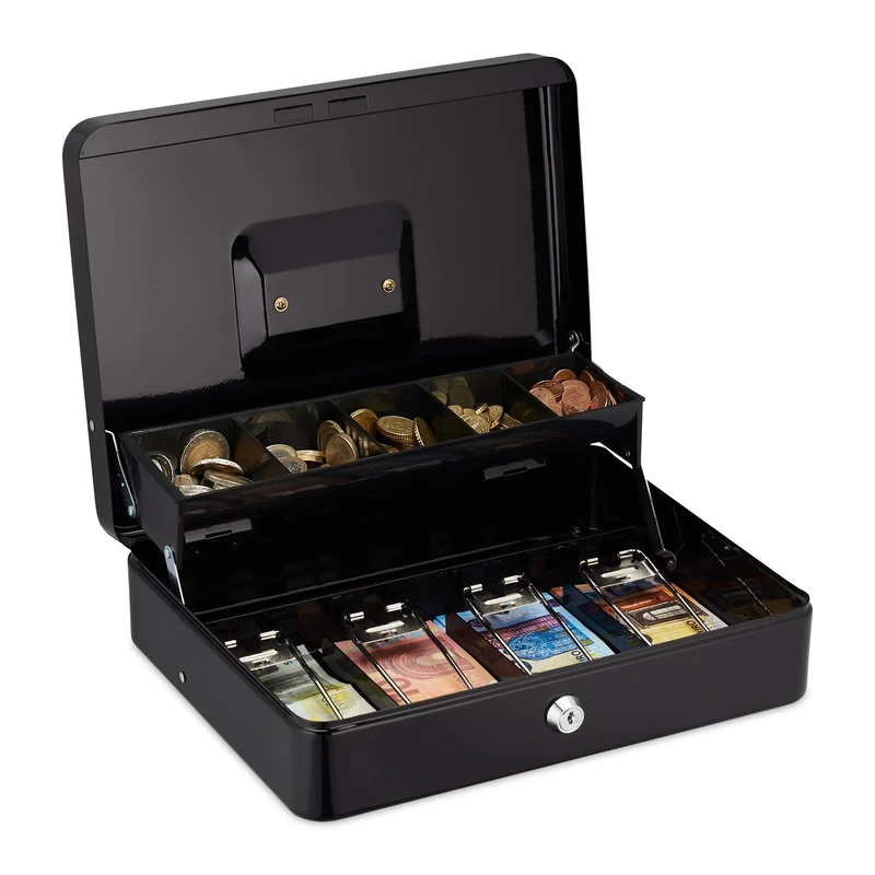 Relaxdays Cash Box Lockable, Coin Insert & 4 Note Compartments, Money Safe, Iron, HxWxD: 8.5 x 30.5 x 24.5 cm, Black
