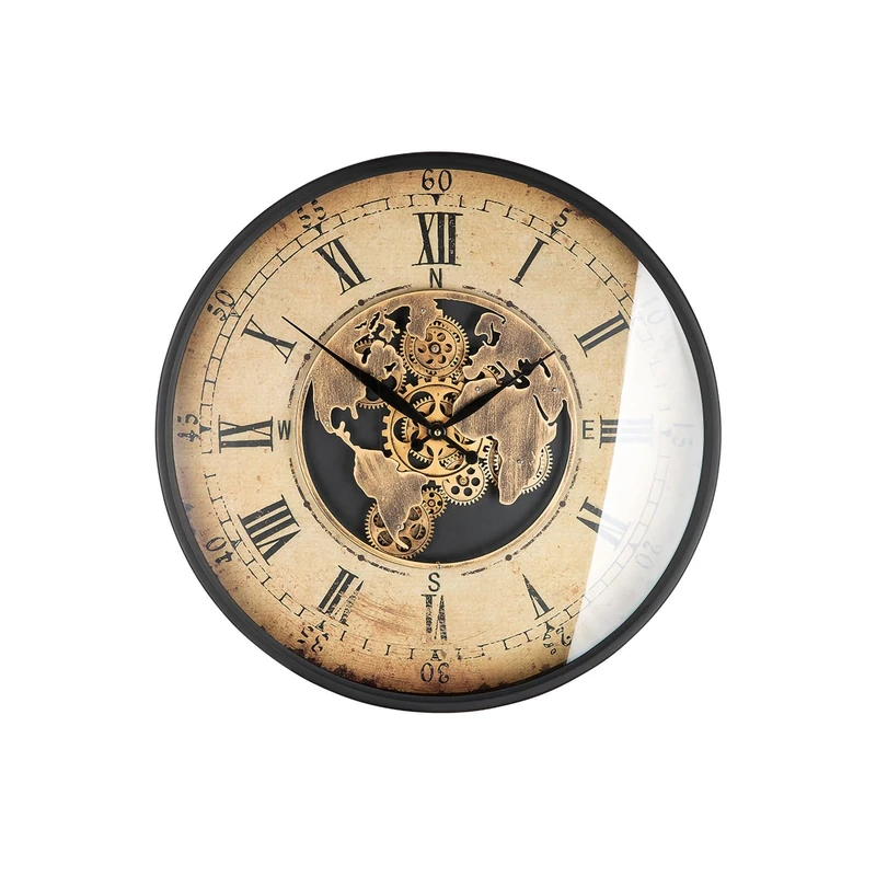 GILDE Wall Clock Metal Round Diameter 60 cm World Map and Gears Design Cream Copper Colour Batteries Not Included