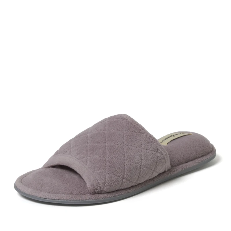 Dearfoams Women's Memory Foam Indoor Summer House Slide Slipper, Frosted Plum Purple Terry, 5-6