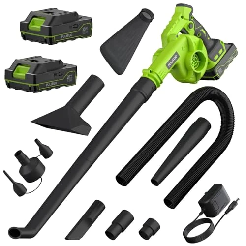 PULITUO 20V Cordless Leaf Blower with 2 Batteries and Charger, 2-in-1 Rechargeable Blower with Self-Locking Switch, Handheld Battery-Powered Mini Blower for Lawn Care/Dust/Pet Hair/Inflatable Bed.